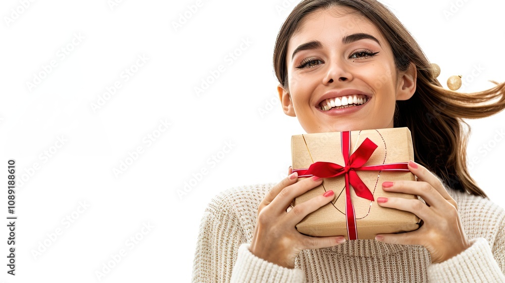 Woman Smiling with Christmas Gift Present Box on White Background - A Picture of Holiday Joy. The Woman's Cheerful Expression as She Holds the Beautifully Wrapped Box, Radiating Happiness. The White Woman Smiling with Christmas Gift Present Box on White Background - A Picture of Holiday Joy. The Woman's Cheerful Expression as She Holds the Beautifully Wrapped Box, Radiating Happiness. The White