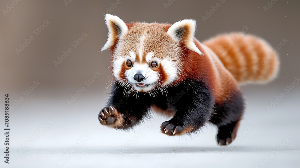 A cute red panda with fluffy fur is frolicking playfully on a pristine white background, showcasing its agile movements and endearing expressions. A cute red panda with fluffy fur is frolicking playfully on a pristine white background, showcasing its agile movements and endearing expressions.