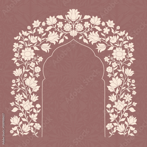 Mughal decorative ornamental floral arch. Vintage intricate traditional mughal style with flowers and foliage.