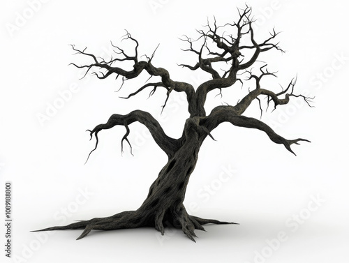 Old spooky tree stands alone with twisted branches on a bright white background photo