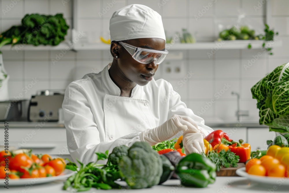 Professional Chef Preparing Fresh Vegetables and Herbs in Modern Kitchen with White Isolated Background for Culinary or Health-focused Stock Photos Professional Chef Preparing Fresh Vegetables and Herbs in Modern Kitchen with White Isolated Background for Culinary or Health-focused Stock Photos
