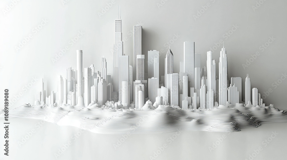 Artistic 3D representation of Chicago skyline in white, showcasing intricate details and modern architecture. stunning visual of urban design and creativity Artistic 3D representation of Chicago skyline in white, showcasing intricate details and modern architecture. stunning visual of urban design and creativity