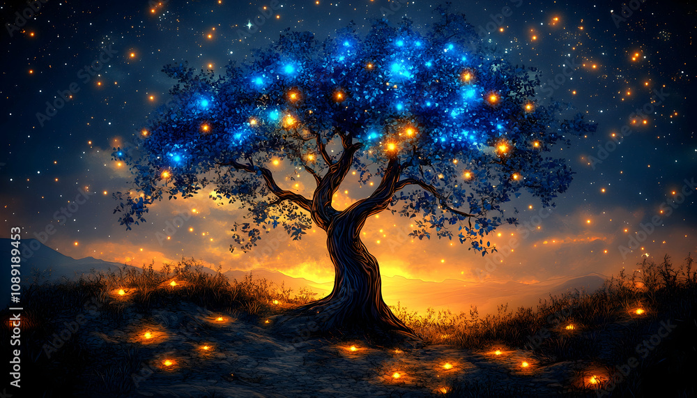 Mystical tree with glowing blue leaves under a starlit sky, illuminated by warm lights. Mystical tree with glowing blue leaves under a starlit sky, illuminated by warm lights.
