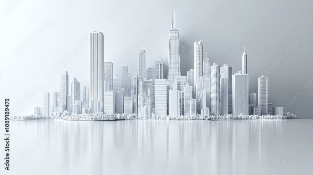 3D model of Chicago skyline in white material, showcasing vibrant urban landscape with skyscrapers and reflections 3D model of Chicago skyline in white material, showcasing vibrant urban landscape with skyscrapers and reflections