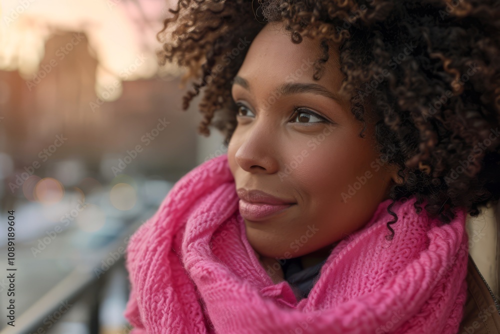 Woman Portrait with Pink Scarf Against Urban Backdrop Featuring Warm Sunset Light, Emphasizing Natural Beauty and Fashion for Stock Photo Usage Woman Portrait with Pink Scarf Against Urban Backdrop Featuring Warm Sunset Light, Emphasizing Natural Beauty and Fashion for Stock Photo Usage