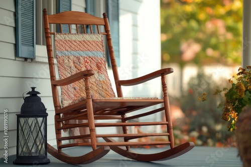 A classic wooden rocking chair with a handmade quilt, sitting on a front porch with an old-fashioned lantern hanging nearby.