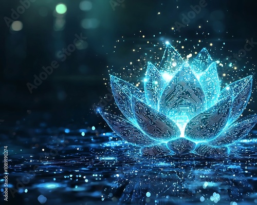 Glowing Futuristic Lotus Flower with Circuitry Symbolizing Technology and Nature Harmony photo