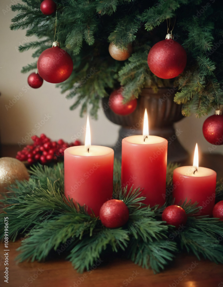 Three red candles surrounded by festive greenery and ornaments for a Christmas decoration
Three red candles surrounded by festive greenery and ornaments for a Christmas decoration