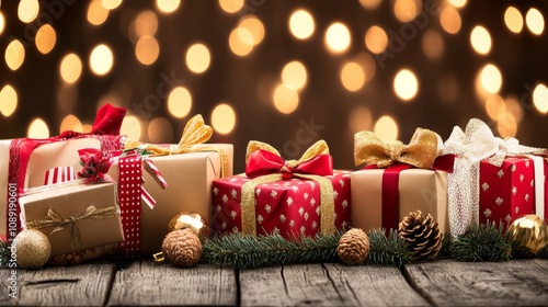 Beautifully wrapped holiday gifts with bows and ribbons in vibrant red and gold