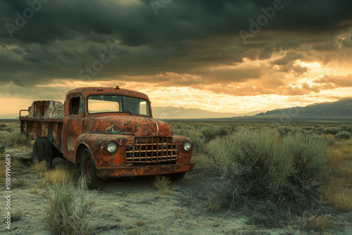 An abandoned rusty truck sits alone in a desolate desert landscape under a dramatic, cloudy sky, evoking a sense of forgotten times and rugged beauty.