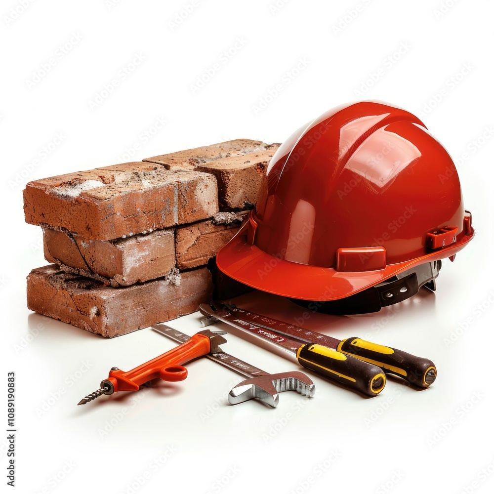Fototapeta premium Red brick hard hat and tools on white background.
