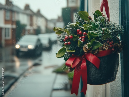 Christmas bell wreath with red ribbons snowy pine in the background