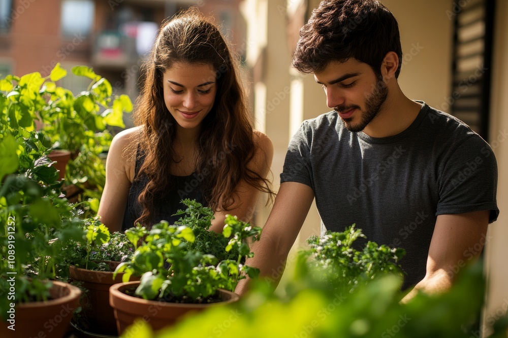 Couple planting herbs together on balcony Couple planting herbs together on balcony