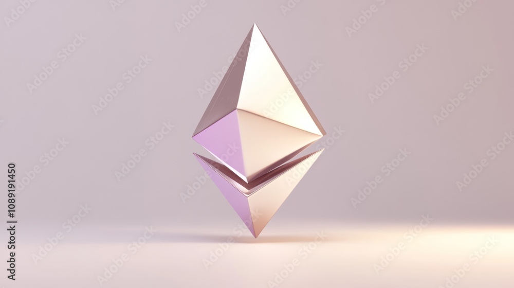 A 3D rendering of a stylized geometric shape with a reflective surface. A 3D rendering of a stylized geometric shape with a reflective surface.