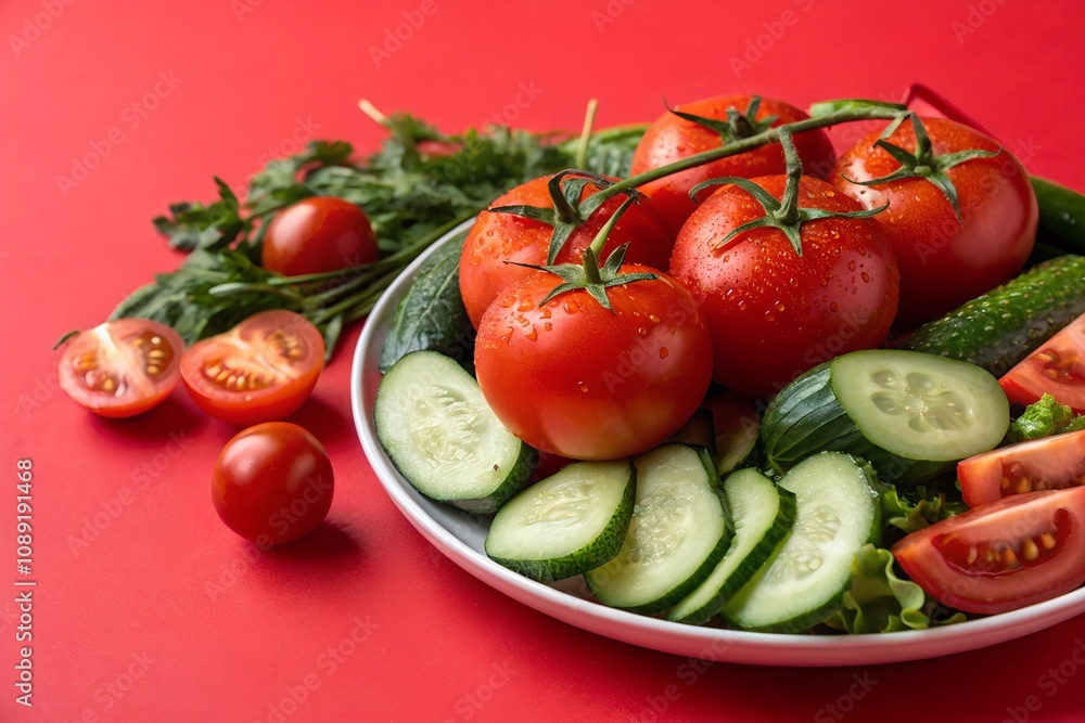 A bright red background featuring a plate full of fresh vegetables, including juicy tomatoes and crisp cucumbers A bright red background featuring a plate full of fresh vegetables, including juicy tomatoes and crisp cucumbers