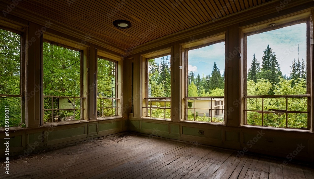 Fototapeta premium Deserted Paths: Abandoned Hallway Framed by Forest Views
