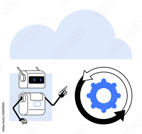 Robotic assistant with a pointing gesture large cloud, and gear with arrows. Ideal for themes of automation, cloud computing, AI, technology, innovation, process, and integration. Line metaphor