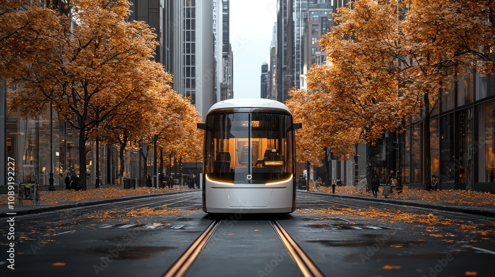 Obraz premium Transforming urban mobility stylish electric shuttles in carfree zones city center transportation insights sustainable environment innovative concept