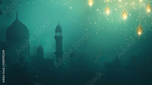 Islamic Ramadan background with golden lanterns and stars on a teal green background with a whie mosque silhouette in the foreground ,generative ai photo