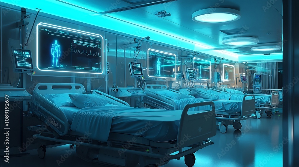 Fototapeta premium Futuristic Hospital Ward with Glowing Wearable Health Devices and Transparent Vitals Displays