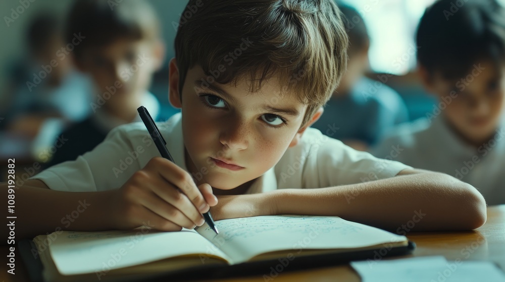 Close-up of a small schoolboy writing in a notebook while sitting at a desk in a classroom Close-up of a small schoolboy writing in a notebook while sitting at a desk in a classroom