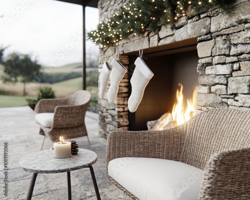 Christmas stockings hanging from a stone fireplace glowing fire beneath photo