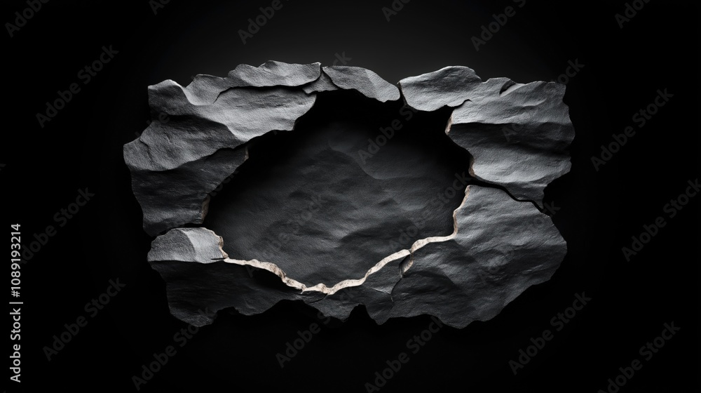 Abstract image of a jagged hole in a dark textured stone surface on a black background Abstract image of a jagged hole in a dark textured stone surface on a black background