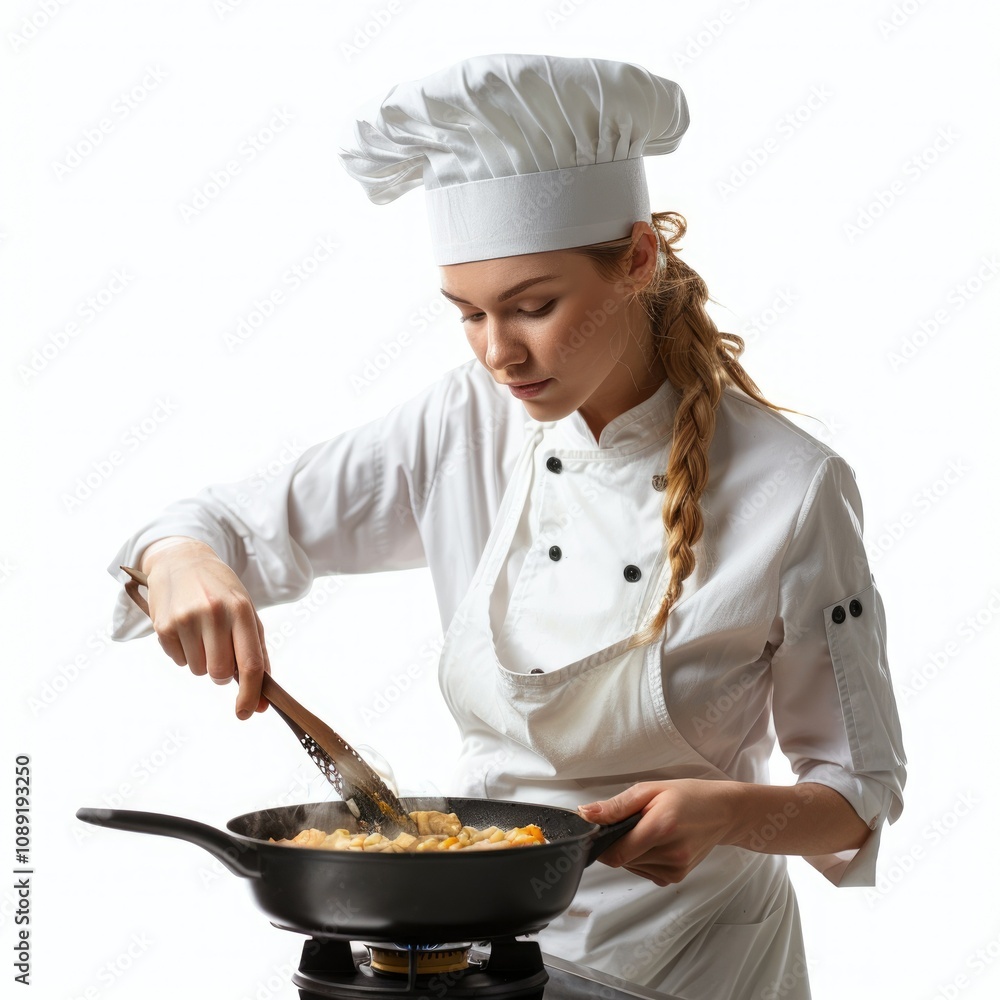 Caucasian female chef cooking in kitchen Caucasian female chef cooking in kitchen