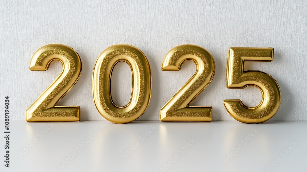 Golden 2025 numbers on white surface, future concept Golden 2025 numbers on white surface, future concept
