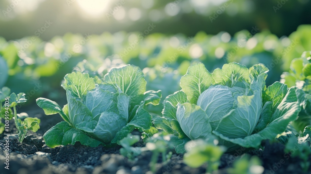 Close-up of fresh green cabbage growing in a field during sunset. Close-up of fresh green cabbage growing in a field during sunset.