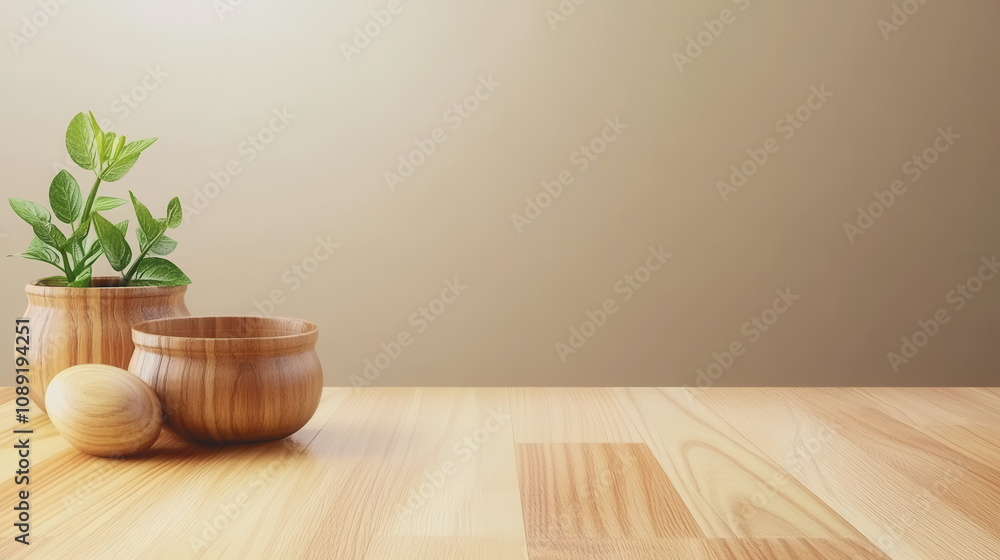 Handmade Wooden Pots with Foliage on Smooth Surface, Showcasing Unique Woodwork Tradition and Craftsmanship in a Light Gradient Background Handmade Wooden Pots with Foliage on Smooth Surface, Showcasing Unique Woodwork Tradition and Craftsmanship in a Light Gradient Background