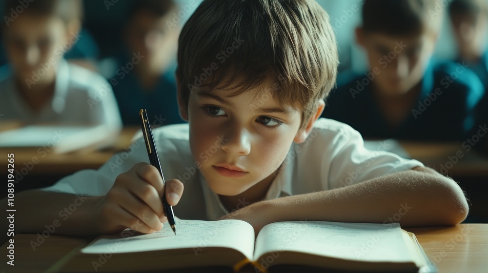 Close-up of a small schoolboy writing in a notebook while sitting at a desk in a classroom Close-up of a small schoolboy writing in a notebook while sitting at a desk in a classroom