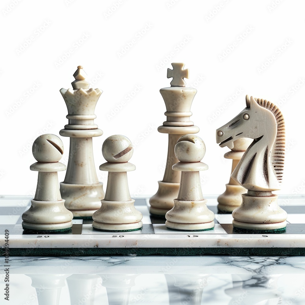 Strategic white chess pieces close up shot. Strategic white chess pieces close up shot.