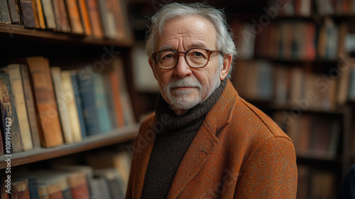 Senior man with glasses poses in a vintage library surrounded by books on a quiet afternoon. Generative AI