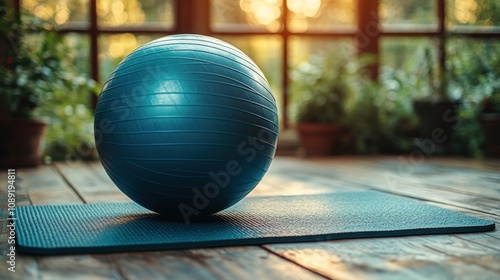 Blue exercise ball on yoga mat. photo