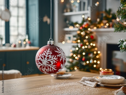 Classic red Christmas bauble with intricate snowflake designs hanging on a snow-dusted tree branch