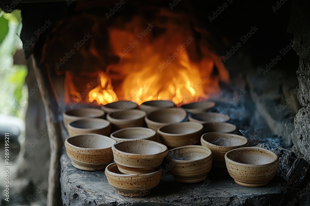 Traditional clay bowls drying by a roaring fire, showcasing artisanal craftsmanship and the beauty of handmade pottery. Traditional clay bowls drying by a roaring fire, showcasing artisanal craftsmanship and the beauty of handmade pottery.