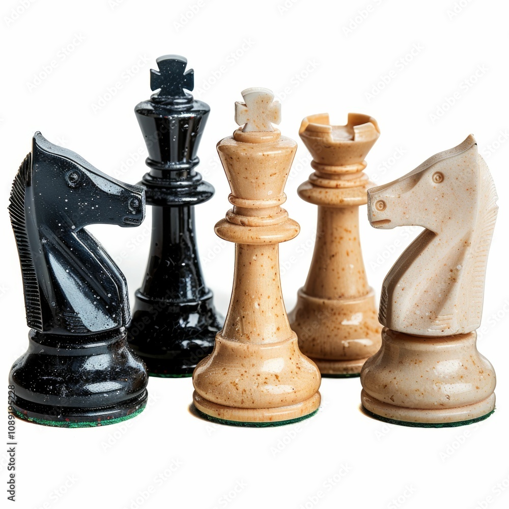 Close up of four chess pieces black and white knights kings. Close up of four chess pieces black and white knights kings.