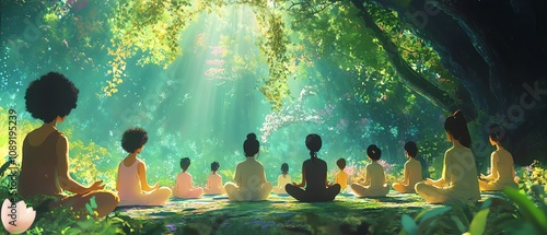 Illustrate a serene group meditation scene from a unique worms-eye view perspective with diverse individuals meditating together peacefully, set in a lush, imaginary garden