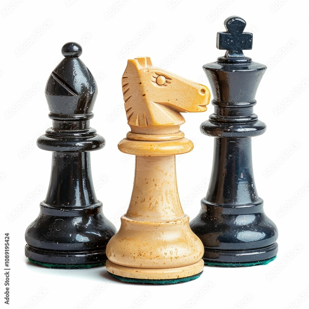 A black bishop knight and king chess pieces stand together isolated on a white background. A black bishop knight and king chess pieces stand together isolated on a white background.