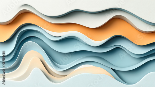 Abstract layered paper texture with wavy shapes in pastel colors of blue, orange, and beige creating a 3D effect.