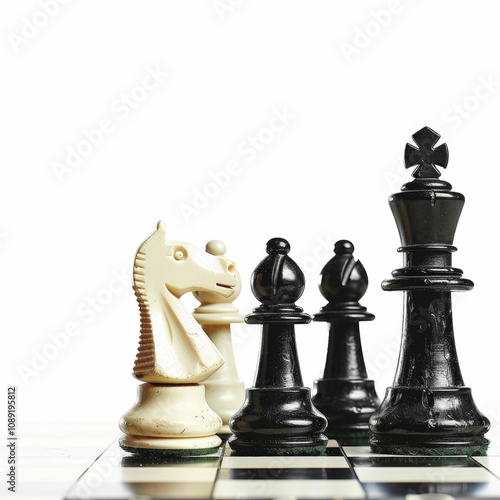 Strategic arrangement of chess pieces in close up view. photo