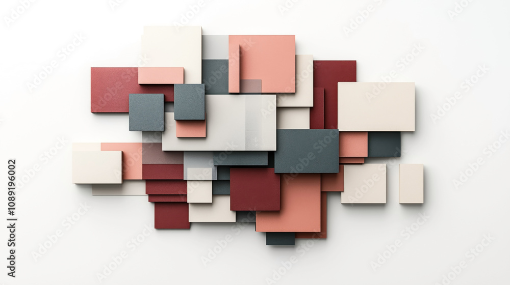 Abstract geometric composition with overlapping rectangles in red, pink, gray, and beige tones, creating a modern graphic pattern on a white background. Abstract geometric composition with overlapping rectangles in red, pink, gray, and beige tones, creating a modern graphic pattern on a white background.