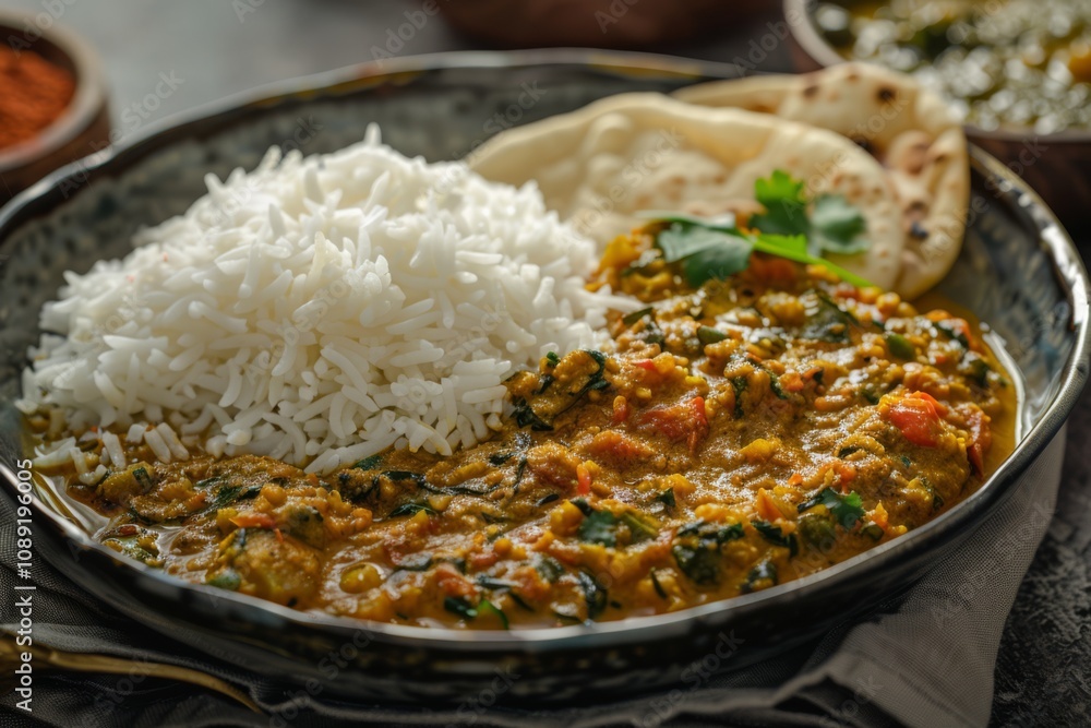 Delicious Indian Baingan Bharta Served with Fluffy Rice and Soft Indian Bread, Highlighting Rich Flavors of Eggplant and Spices on a Platter Delicious Indian Baingan Bharta Served with Fluffy Rice and Soft Indian Bread, Highlighting Rich Flavors of Eggplant and Spices on a Platter