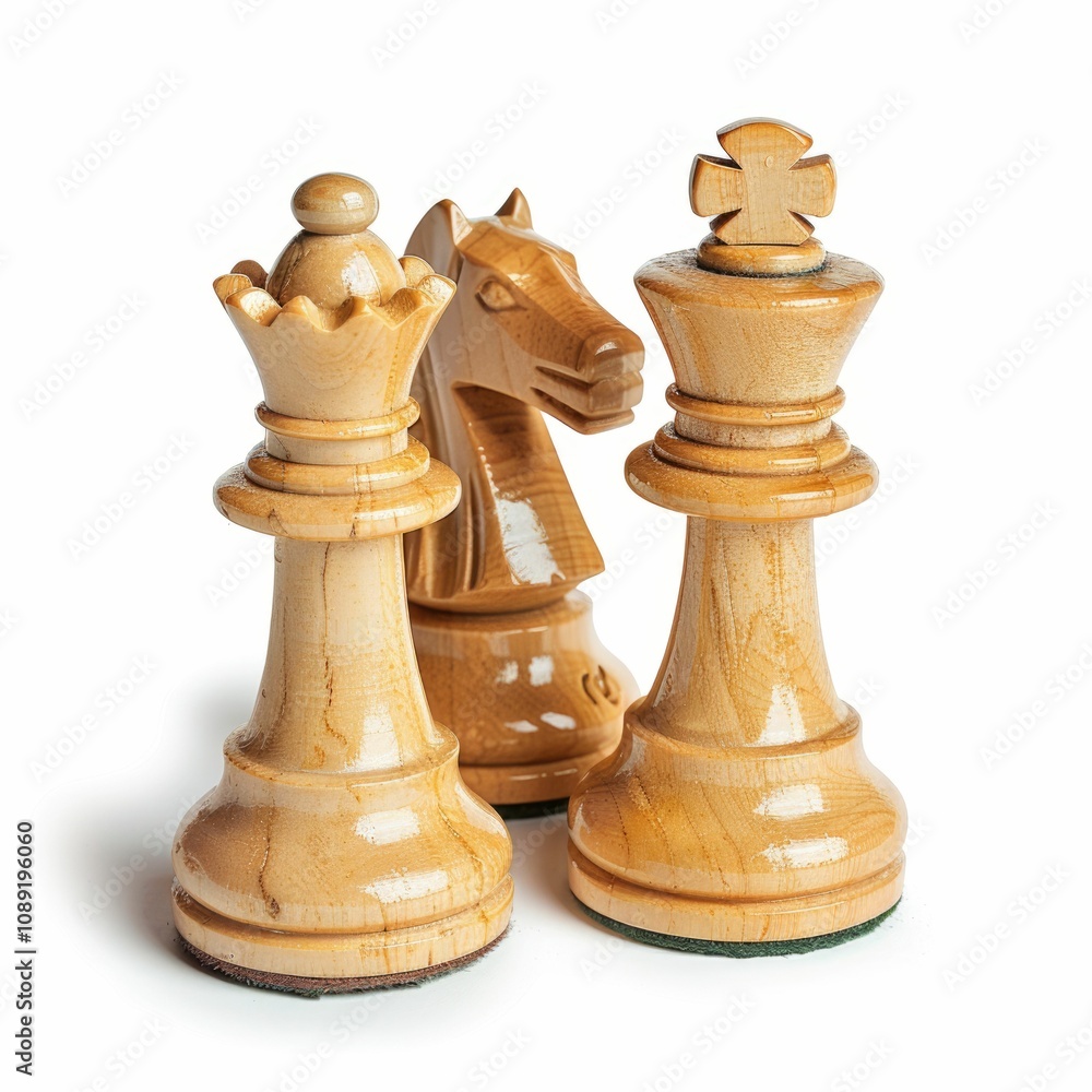 Wooden chess pieces queen king and knight arranged closely together. Wooden chess pieces queen king and knight arranged closely together.