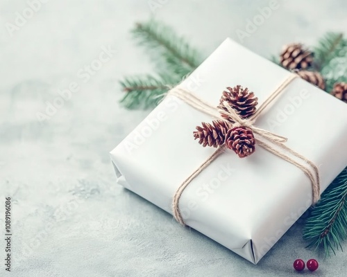 Close-up of gift-wrapping station with pinecones twine