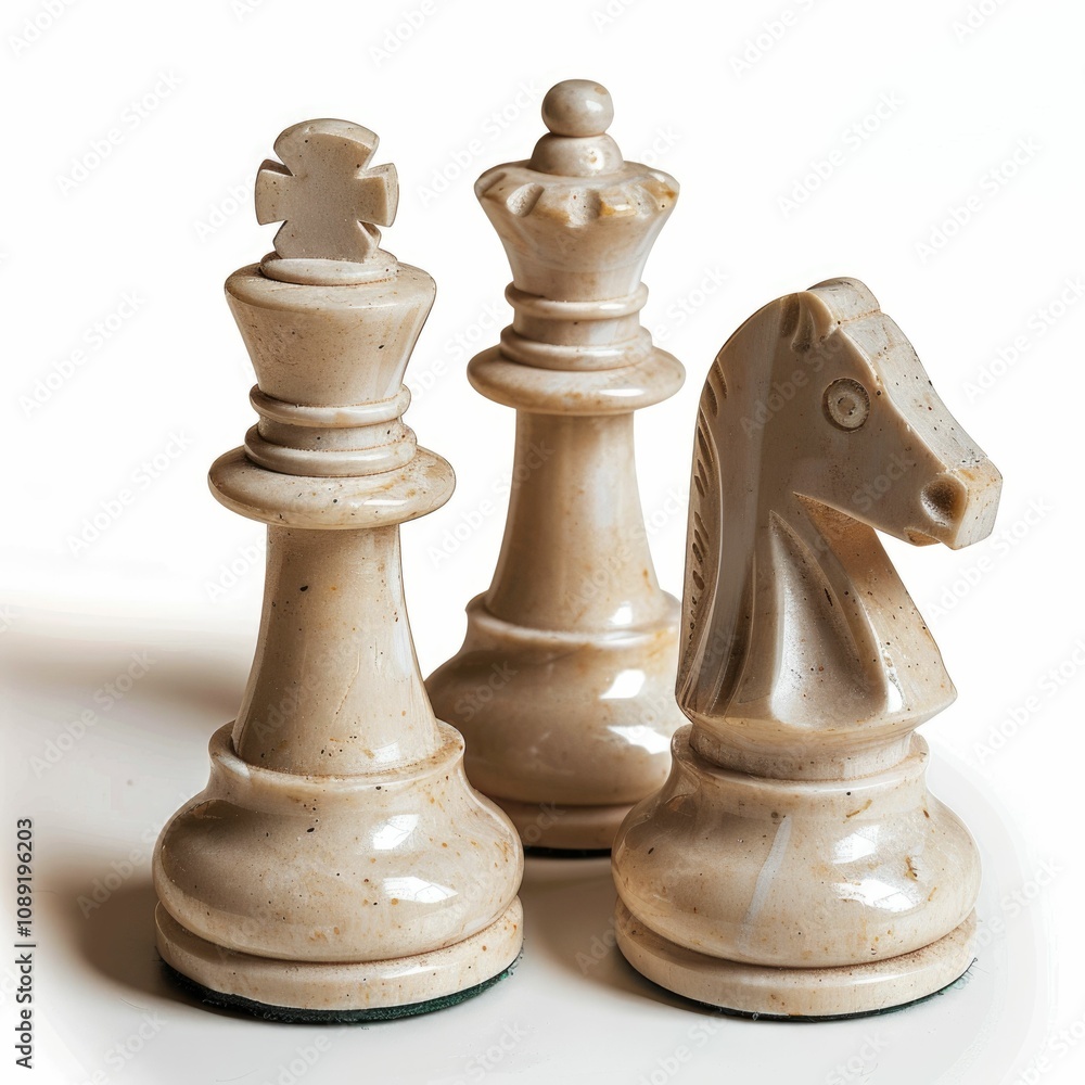 Close up of three chess pieces king queen and knight made of light beige marble. Close up of three chess pieces king queen and knight made of light beige marble.