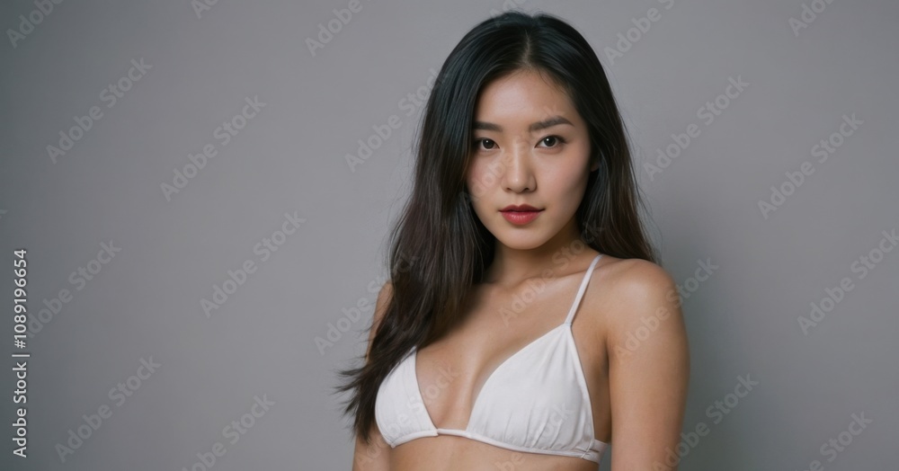 Portrait of a confident woman in white lingerie, posing against a neutral background Portrait of a confident woman in white lingerie, posing against a neutral background