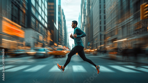 A male runner in dynamic sports shoes, racing on an urban street, with city buildings blurred in the background as he pushes himself to the limit photo