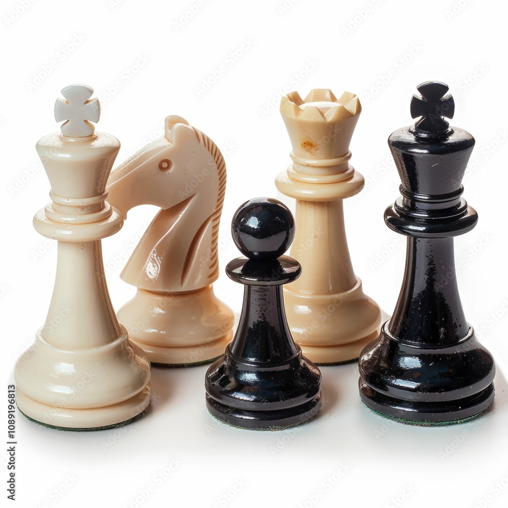 Close up of chess pieces king queen knight and pawn showcasing strategic gameplay. Close up of chess pieces king queen knight and pawn showcasing strategic gameplay.